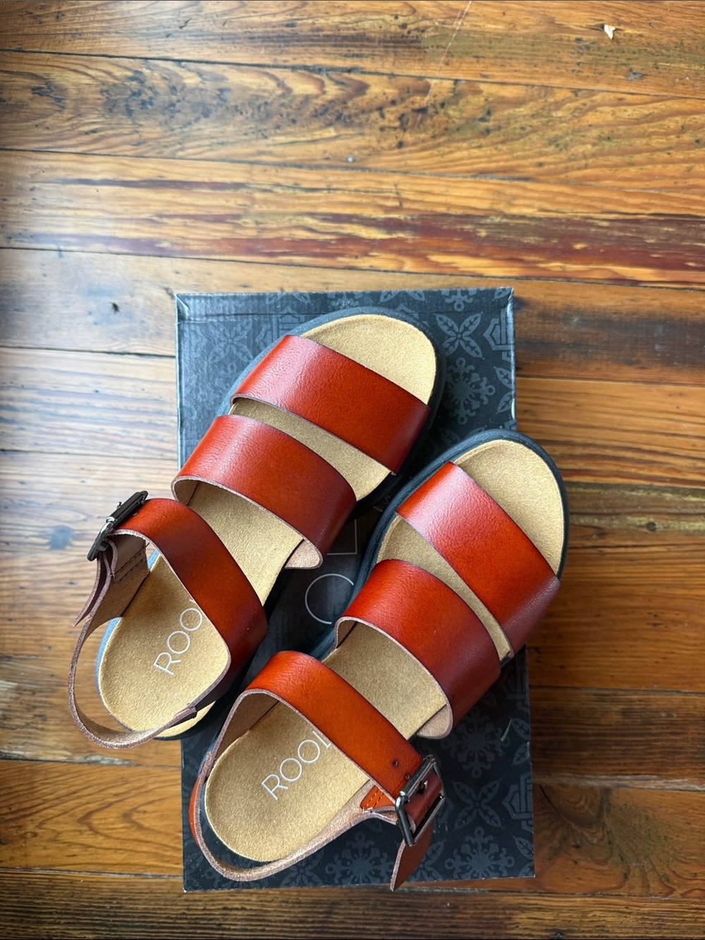 Roolee Rust Brown Triple-Strap Leather Sandals